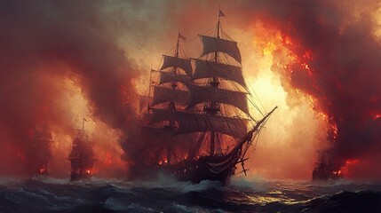 Poster - Ships on Fire in a Dramatic Sea Storm