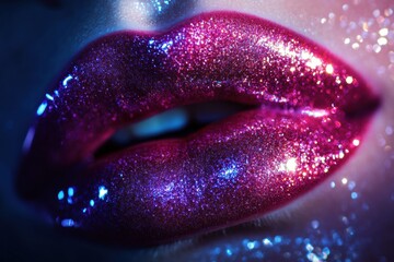 Poster - Close-up of glossy lips with vibrant, shiny finish illuminated in a rich color palette showcasing a bold cosmetic style. Generative AI