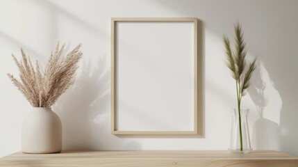 Poster - Minimalist decor with empty frame and dried plants