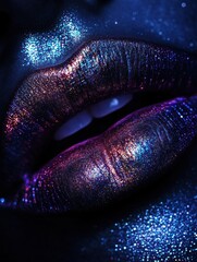 Poster - Close-up of glossy lips with a vibrant, shiny finish under dramatic lighting in a creative makeup setting at night. Generative AI