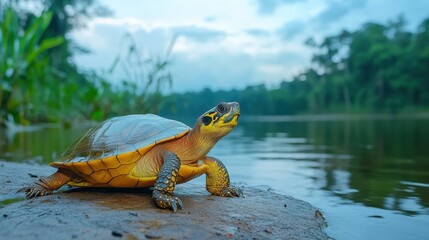 A massive Amazon river turtle basking on a rock beside a jungle river