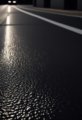 close view newly laid smooth asphalt surface highlighting textures patterns rich black subtle silver gleams under natural light, pavement, blacktop