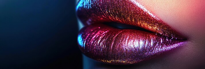 Poster - Close-up view of glossy lips showcasing a vibrant, shiny finish in an artistic lighting arrangement during a beauty shoot. Generative AI