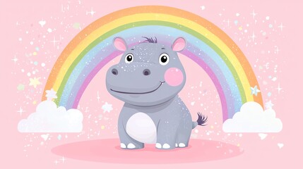 baby hippo with rainbow, colorful and joyful mood, flat design illustration