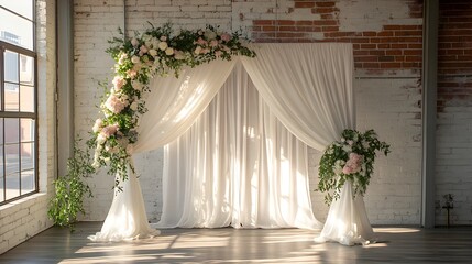 Poster - Elegant fabric arch backdrop with delicate floral arrangements and personalized signage creating a soft romantic atmosphere for a wedding ceremony or event