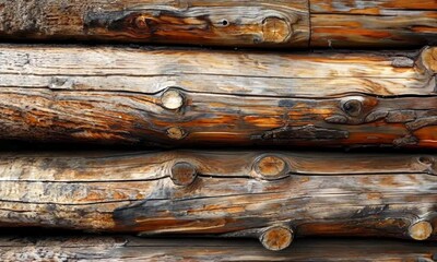 Wall Mural - Stack of wood logs with a lot of knots and a rough texture. The wood appears to be aged and weathered, giving it a rustic and natural feel. hyperrealistic Video