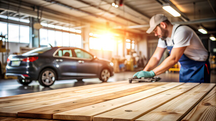 Empty wood table top blurred worker fixing car in the garage background