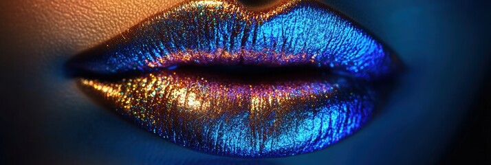 Poster - Glossy lips accentuated with vibrant, shiny finish illuminated in a close-up, showcasing beauty and artistry at evening twilight. Generative AI