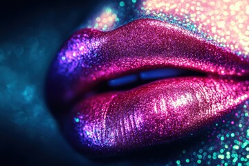 Poster - Glossy close-up of vibrant, shiny lips reflecting dazzling hues in bold colors during a creative makeup session. Generative AI