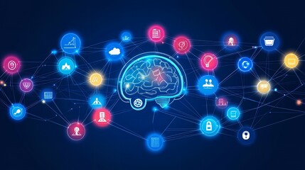 Brain-shaped graphic with icons showing connections