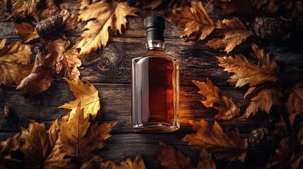 Poster - A close-up of a whiskey bottle resting among autumn leaves on a rustic wooden surface in warm, natural light. Generative AI