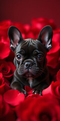 Wall Mural - Valentine's Day scene of a french bulldog puppy lying in a bed of red roses for valentines day, romantic setting, floating rose petals