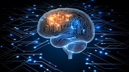 Poster - Brain circuit board glowing blue