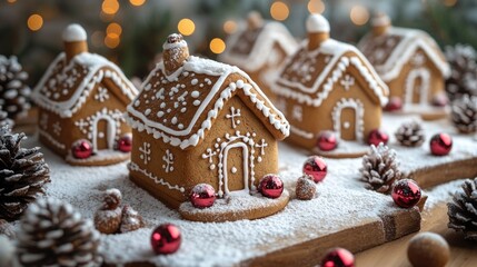 Christmas gingerbread houses on white snowy background with colorful bokeh lights background 