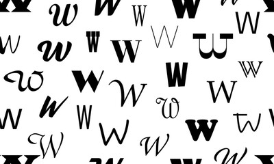 Fototapete - Vector seamless alphabet pattern with black bold latin letters. White repeatable unusual background. Fashion trendy design. Seamless black alphabet pattern on white. Letter w