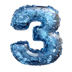 Poster - A stunning 3D numerical digit three rendered in an abstract, frozen liquid crystal wave formation with a dynamic, cool and frosty appearance.