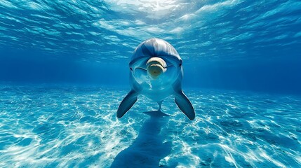 Wall Mural - Playful dolphin swimming in clear blue ocean waters, creating a serene underwater scene.