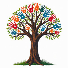 Sticker - A tree with many hands painted on it with the word quot handprint quot on it t shirt design high quality image