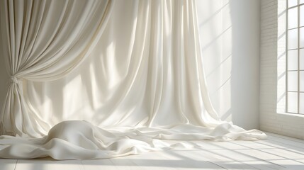 Poster - Exquisite Minimalist Draped Fabric Backdrop with Clean Lines and Soft Textures Perfect for Creating a Serene and Sophisticated Studio Setting for Photography Fashion and Product Shoots