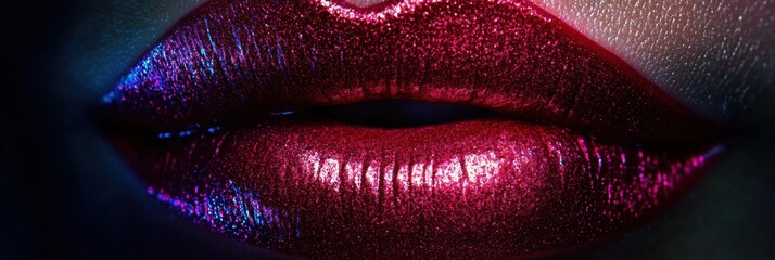 Poster - Close-up of glossy lips showcasing a vibrant, shiny finish under a dramatic light, highlighting their rich color and texture. Generative AI