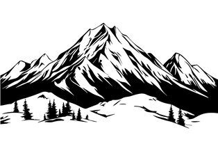 black and white mountain range with trees wall art, symbolic landscapes stencil art outdoor scenes v