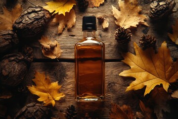 Poster - A close-up view of a whiskey bottle surrounded by autumn leaves and pinecones on a rustic wooden table. Generative AI