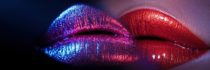 Poster - Close-up of glossy lips showcasing a vibrant shiny finish with contrasting colors in a well-lit studio setting. Generative AI