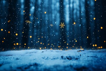 Sticker - Abstract background of snow falling in a forest with golden bokeh lights.