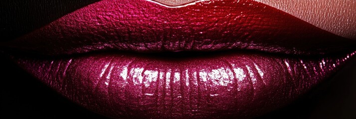 Poster - Close-up of glossy lips with shining finish showcasing vibrant color details illuminated by soft light in a stylish environment. Generative AI