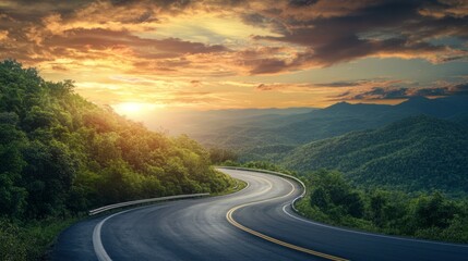 Aufkleber - A winding road with a beautiful sunset in the background