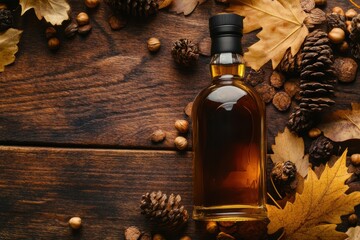 Poster - A close-up view of a whiskey bottle surrounded by autumn leaves and natural elements on a wooden surface. Generative AI