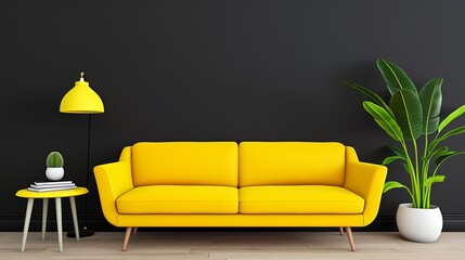 Poster - A yellow couch, a yellow side table with books, a yellow lamp and a green plant in a white pot against a black wall with wood floors.