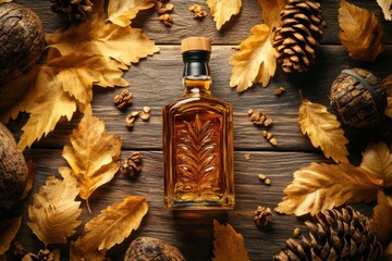 Aufkleber - a close-up view of a whiskey bottle surrounded by autumn leaves and pine cones, set on a rustic wood