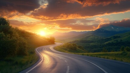 Poster - A winding road with a sunset in the background