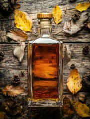 Poster - Close-up of amber whiskey bottle surrounded by autumn leaves on rustic wooden surface. Generative AI