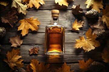 Poster - A close-up of a whiskey bottle surrounded by autumn leaves and pine cones on a rustic wooden table, capturing seasonal warmth. Generative AI