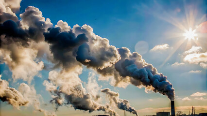 image depicts dramatic scene of smoke billowing from industrial chimneys against clear sky,