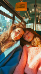 Wall Mural - Fotografía de dos mujeres jóvenes sentadas en un autobús; una de ellas duerme con la cabeza apoyada en el hombro de la otra. Tiene el pelo largo y castaño y lleva un abrigo azul de gran tamaño 