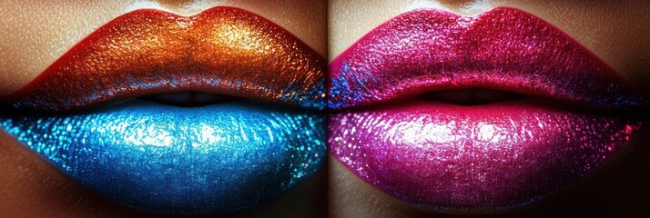 Poster - Close-up view of glossy, vibrant lips showcasing a shiny finish in a captivating beauty shot filled with striking colors. Generative AI