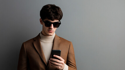 Canvas Print - Un joven hombre de negocios con gafas de sol negras, mirando su teléfono, de pie sobre un fondo gris. Se trata de un retrato de cuerpo entero, capturado en un estudio con fotografía de alta resolución