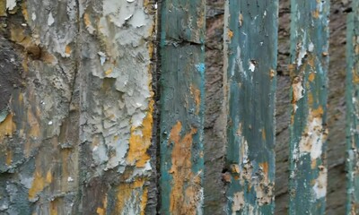 Wall Mural - Row of wooden boards with different colors and some paint peeling off. The colors are red, blue, and white. hyperrealistic Video
