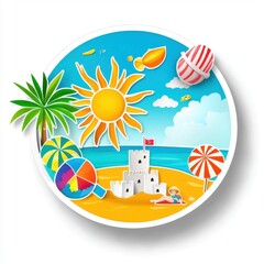 Wall Mural - A bright, cheerful beach scene featuring a sun, palm trees, a colorful beach ball, and a sandcastle by the shore, evoking fun and relaxation.