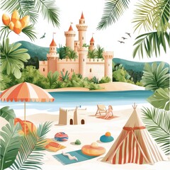 Wall Mural - Tropical beach scene featuring a castle, palm trees, beach accessories, and relaxing figures, creating a vibrant summer atmosphere.