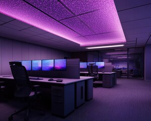 High-tech workspace with a digital ceiling projecting calming visuals, AI managing workflow, and modular smart furniture that adapts to different tasks