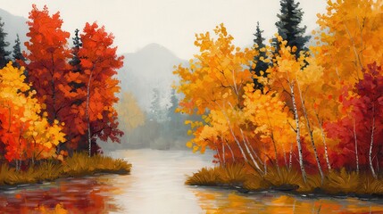 Autumn forest with trees in shades of red, orange, and gold, leaves falling gently, and a misty river winding through the tranquil scene