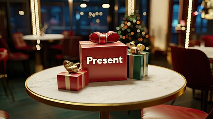 3 big present boxes on a circular table in a cafe. When the camera zooms in for a close-up to the word 