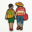 © Trionorejo - A hand-stitched embroidered patch of a couple holding hands, a girl with a green backpack and a boy with a red backpack, both wearing colorful clothing and a straw hat on a white background.