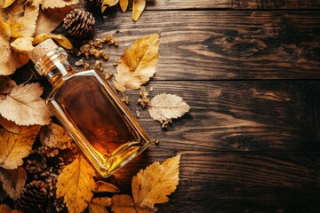 Aufkleber - A close-up view of a whiskey bottle surrounded by autumn leaves and pinecones on a rustic wooden surface. Generative AI