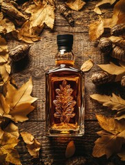 Poster - A close-up view of a whiskey bottle surrounded by autumn leaves and pine cones, capturing the essence of the fall season. Generative AI