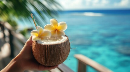 Wall Mural - Tasty coconut drink with straw in hand in hot tropical summer